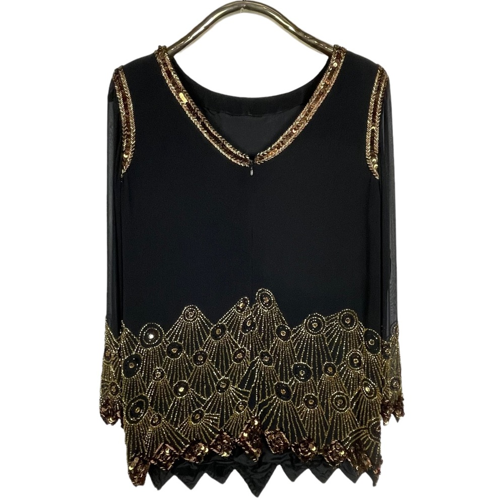 BLACK TIE BY OLEG CASSINI SILK BEADED DECO EMBELLISHED SHEER PANEL TUNIC BLOUSE - Picture 5 of 12